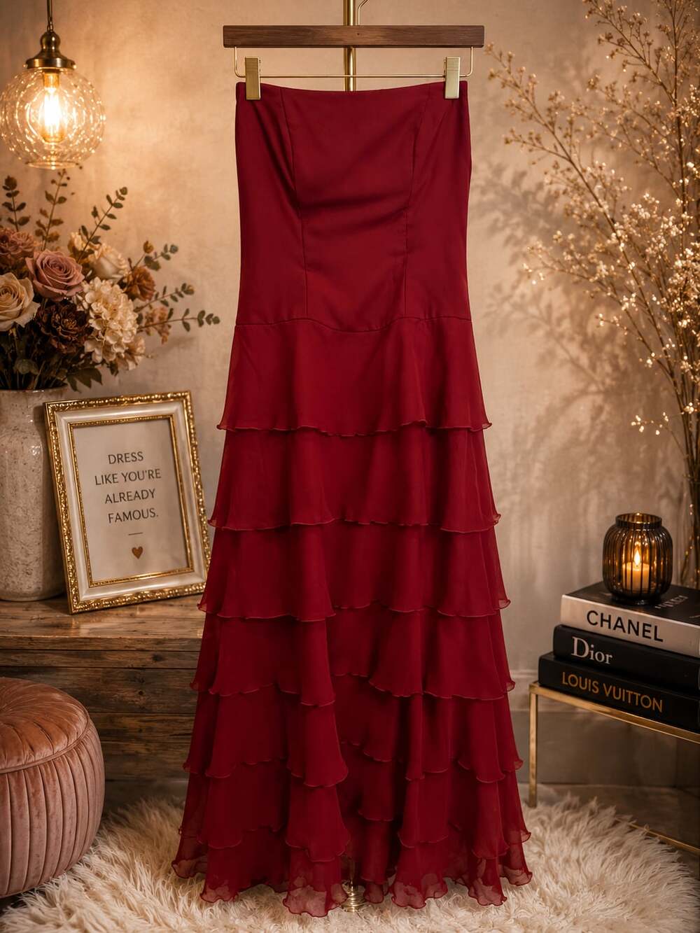 Alexia Designs SZ 8 Maroon/Burgendy Strapless Tiered Ruffled Formal Maxi Dress